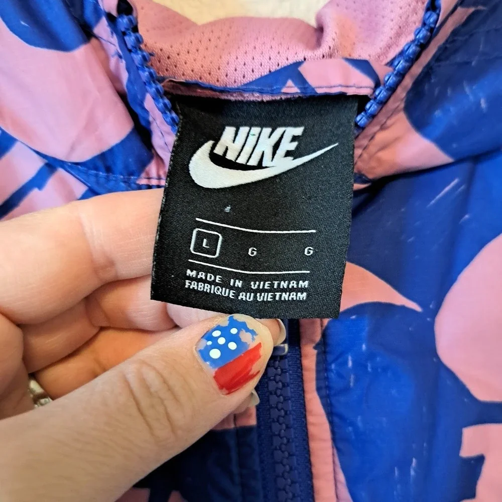 Nike Girls Windrunner Hooded Windbreaker Jacket Blue Pink Logo Print Size Large